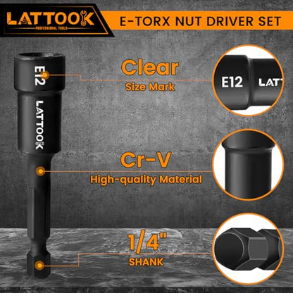 7PCS E-TORX Nut Driver Set | 1/4'' Hex Shank, Female Torx Nut Driver, External Star Nut Driver Set for Impact Drill, E4 E5 E6 E8 E10 E12 E14