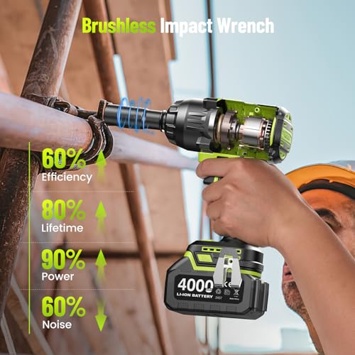 Robustrue 1400N.m (1032ft-lbs) Cordless Impact Wrench, 1/2" Brushless High Torque Impact Gun, 11Pcs Tire Repair Kit, 2x4000 mAh Batteries, Fast Charger, Impact Driver for Car Home/Truck RV/Mower - size: 1400N.m