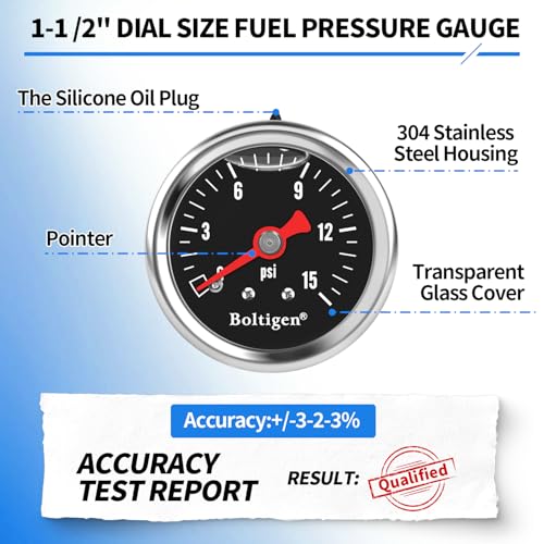 Boltigen Fuel Pressure Gauge, 0-15psi Fuel Pressure Gauge Kit, Glycerin Filled Fuel Pressure Regulator with Gauge for Car, 1/8'' NPT Inline Fuel Pressure Guage with 3/8'' 5/16'' Barb, Black - color: Black