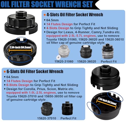 2PCS Oil Filter Wrench Set, Oil Filter Remover Tool 64.5mm 14 Flute Oil Filter Socket Set For Toyota Tacoma 4Runner Camry Tundra RAV4 Lexus ES300h and More