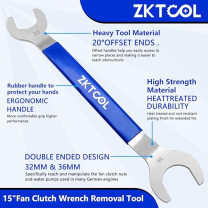 ZKTOOL Fan Clutch Wrench Set,32mm & 36mm Clutch Fan Tool Wrench,Water Pump Pulley Holder Removal Tool For BMW, Ford, GM, dodge,Chevrolet,jeep Fan Clutch Removal Kit,Water Pump Holder.