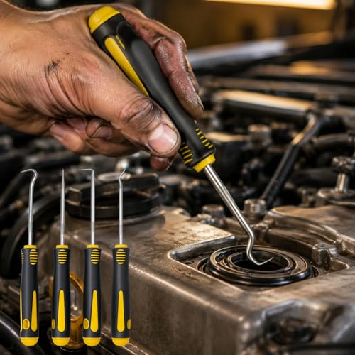 4-Piece Precision Hook and Pick Set - Automotive O-Ring Remover & Oil Seal Puller Tool Kit, Mechanic Hand Tools for Gaskets, Springs & Wires, 6.5 Inch Heat-Treated Shafts with Ergonomic Grip(Yellow) - color: Yellow