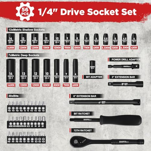 1/4" Ratchet Wrench Socket Set 56 PCS, Metric Shallow Socket (4-14mm) and Deep (6-8, 10-14mm), with Mini 72-Teeth Ratchet, Screwdriver Bit Set, Small Tool Kit for Home Use, Motorcycle and Bike - style: 1/4-56PCS