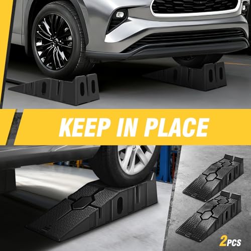 DNA Motoring 7" Car Lift Ramp, 9" Working Width, 2-Pack Vehicle Parking Ramp Stand - 2.5 T G.V.M Capacity for One Pair, Multifunctional Portable Ramp for Car Service, TOOLS-00816-B - size: 35"L x 13"W x 9"H