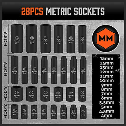 HORUSDY 56-Piece 1/4" Drive Impact Socket Set, Standard SAE (5/32 to 9/16 inch) and Metric (4-15mm) Size, 6 Point, Cr-V, 1/4-Inch Drive Ratchet Wrench, Drive Extension Bar, Impact Universal Joint - style: 56PC 1/4" Set + Ratchet