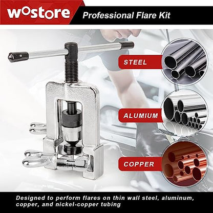 Wostore 25 FT 3/16" Brake Line Flare with 24 Brass Fittings & Double/Single Flaring Tool Kit for Single, Double (SAE) Flares & Bubble (ISO) Flares with Tubing Cutter Pipe Reamer for 3/16-5/8" 7 Sizes - size: Flaring tool with 3/16" brake line