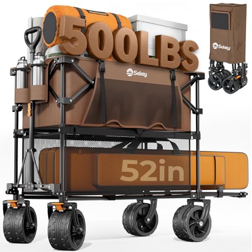 Sekey 500LBS Heavy Duty Double Decker Wagon with Extender, 400L Large Capacity Collapsible Garden Cart Fits 10x10 Canopy, All-Terrain Big Wheels with Brakes, Foldable Utility Wagon for Sports, Camping - color: Khaki