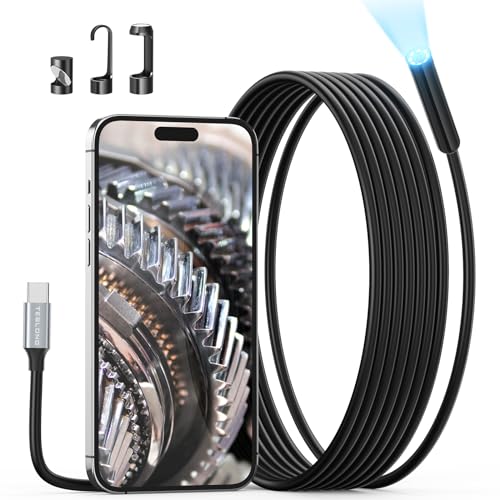 USB C Endoscope Camera with Light, Teslong Type-C Snake Borescope Camera with 8 LED Lights, 10FT Flexible Waterproof Inspection Cam, Fiber Optic Scope Compatible with iPhone 15/16/17, Android Phone | Plug and Play, 8 LED Lights, 1.0MP HD Camera, IP67 Wate