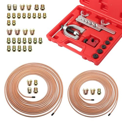 25Ft 1/4" and 3/16" Brake Line Kit,Single & Double Brake Line Flaring Tool Kit with 32 Inverted Fittings and Brakes Flare Tool Kits,Copper Plated Brakes Lines Repair Kits
