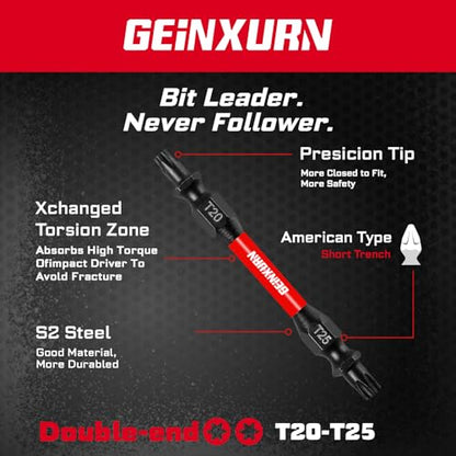 Geinxurn 10Pcs T20-T25 Impact Double End Screwdriver Bit Set, 2.56 in. #2 Torx /#25 Torx Power Driver Bits, Magnetic S2 Steel Two Sides Screwdriver Bits Set with Storage M-Box - style: 2.56"-T20/T25-10PC