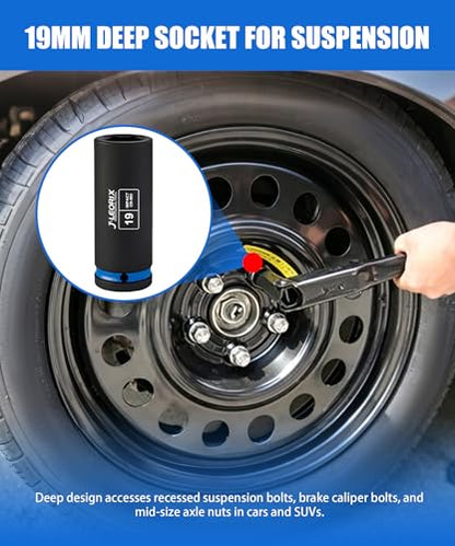19mm Deep Impact Socket 1/2" Drive CR-MO Steel 6-Point | CR-MO steel impact socket set. 1/2" drive, 6-point design. Deep reach for lug nuts & axle nuts. - size: 19mm