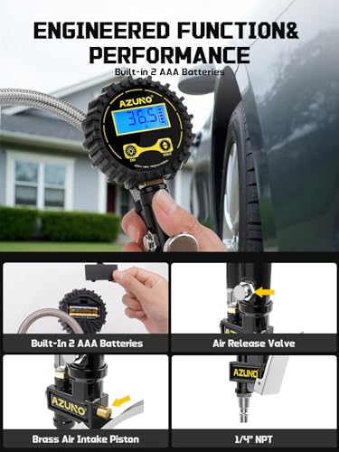 AZUNO Digital Tire Inflator with Pressure Gauge, 200 PSI Heavy Duty Air Compressor Accessories, with 14'' Steel-Braided Hose Lock on Air Chuck and Quick Connect Coupler
