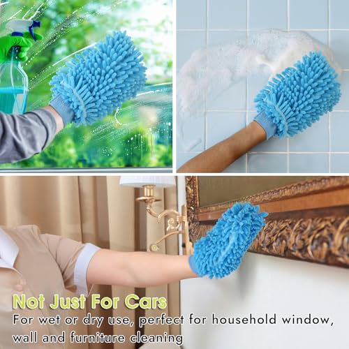 3 Pack Chenille Microfiber Car Wash Mitt, 7" x 9.6", Blue | Car Washing Mitts, Home Dusting Gloves, Scratch Free Lint-Free, Highly Absorbent, Double Sided, for Cleaning Detailing Polish - color: Blue