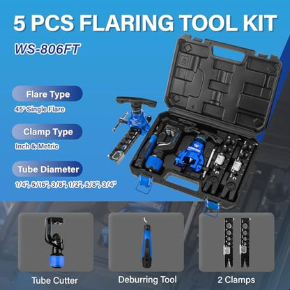 Wisscool Flaring Tool Kit 1/4”-3/4” and 6-19mm, Single 45° (5 in 1 Set) | 6 Dies Eccentric Tubing Flare Tool with Clutch Deburring Tool Cutter for Copper Pipe Tube - size: 5 in 1 Kit