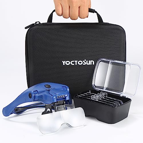 YOCTOSUN Magnifying Glasses with 4 LED Lights 5 Lenses Headband Storage Case Hands Free Lighted Head Magnifier for Crafts Cross Stitch Painting Close Work and Hobby - color: Deep Blue With Storage Case