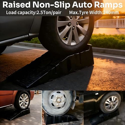 Car Ramps for Oil Changes, 6.7" Lift, 2.5 Ton(5500LB Capacity) | 15° Low Profile Slope, 1.9" Overrun Stopper, Anti-Slip Diamond Texture, Stackable Storage, Cars SUVs Trucks
