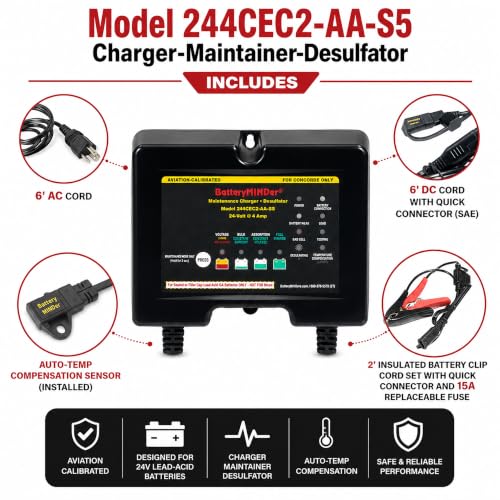 BatteryMINDer 244CEC2-AA-S5 24V 4A Aviation Battery Charger | Calibrated for Concorde Batteries ONLY | Aircraft Battery Maintainer & Desulfator
