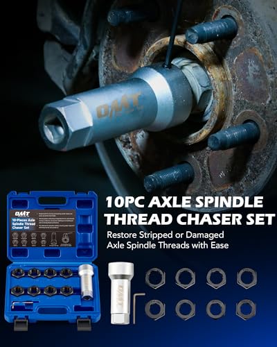 OMT 10pc Axle Spindle Threading Set, Thread Chaser Kit with 8 Rethread Dies | M20 M22 M24 & 3/4" 13/16" UNEF, 1-1/16" Extension Bar, Inner Grooves Expel Metal Chips, Heavy-Duty Steel, For Mechanics