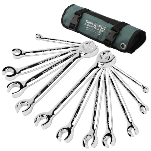 PRIDE&CRAFT 12-Piece Flare Nut Wrench Set, Metric & SAE,6-21mm & 1/4" to 7/8", CR-V Steel, 15°Offset Design, Brake Line Wrench Set with Organizer Pouch - size: 12pc Metric & Sae Standard