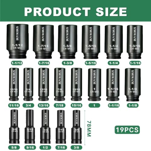 19PCS Impact SAE Impact Socket Set 1/2" Drive, 6-Point Cr-V & Alloy Steel Deep Socket Set 3/8" to 1-1/2", Cr-V Steel, Double Lock Case - size: 19PCS Impact SAE Impact Socket Set