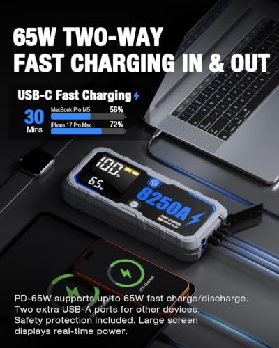 Portable 8250A Car Battery Jump Starter with PD-65W (for All Gas or 10.0+L Diesel), 12V Potable Car Jump Start with 4.01 inch HD Screen, 2 USB Power Bank 24-Months Stand-by Time - size: 8250A+65W