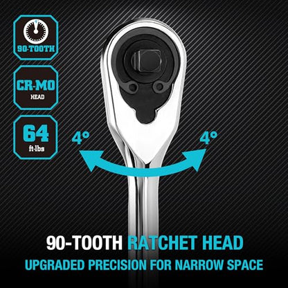 DURATECH Extra Long Handle 1/4-Inch Drive Ratchet, 90-Tooth Ratchet Wrench with 8" Handle and Dust Proof Teardrop Enclosed Head, Reversible, CR-V Steel Made, CR-MO Head, Full Polished, Gifts for Men - size: 1/4" with 8" handle