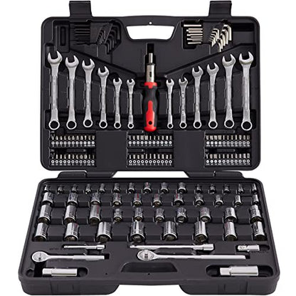 MECHMAX 161-Piece Mechanics Tool Set with SAE Metric Sockets | Premium alloy steel full socket wrench kit. Professional automotive repair hand tool set for garage, car and truck - style: 161 Piece