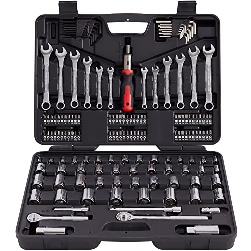 MECHMAX 161-Piece Mechanics Tool Set with SAE Metric Sockets | Premium alloy steel full socket wrench kit. Professional automotive repair hand tool set for garage, car and truck - style: 161 Piece