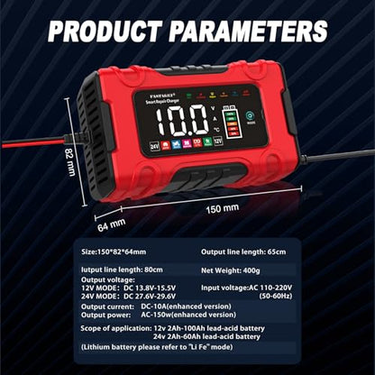 LiFePO4/Lead Acid Battery Charger Smart Battery Trickle Charger 12V/24V 10A/5A Automotive Battery Maintainer Desulfator Temp Compensation for Car Truck Motorcycle Lawn Mower Marine RV
