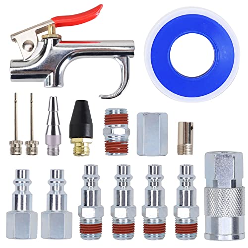 18 Pieces Air Compressor Accessories kit, 1/4 in x 25 ft Recoil Poly Air Compressor Hose Kit, 1/4" NPT Quick Connect Air Fittings, 100 PSI Tire Inflator Gauge, Blow Gun, Couplers and Plugs