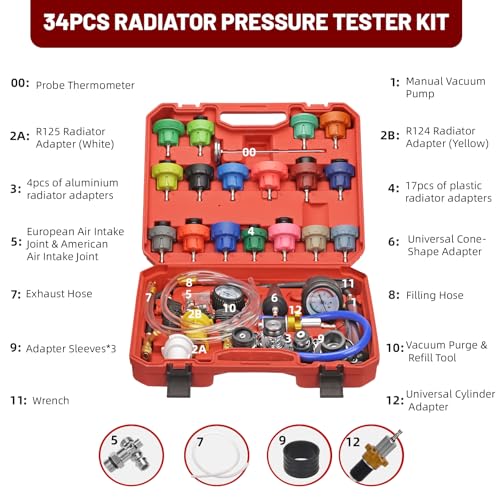 34pcs Coolant Vacuum Refill Kit with 25 Radiator Adapters, Coolant Pressure Tester Kit, Radiator Cooling System Pressure and Vacuum Purge Refill Tool