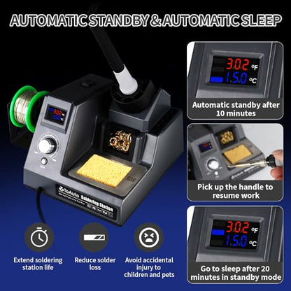 TOAUTO DS90 Soldering Station-°F & °C Dual Digital Display Soldering Iron Station Kit,90W Soldering Iron,302℉- 842℉ Temperature, Anti-Static Design & Grounding Wire, Auto Standby & Sleep,5 Solder Tips