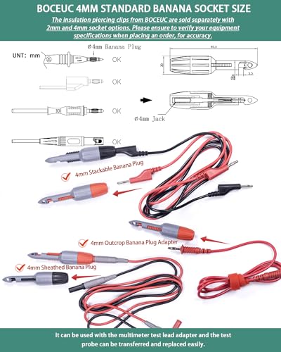 Insulation Piercing Clips Set Heavy Duty 2 Pcs Wire Piercing Probe for 4mm Banana Plug Multimeter Test Leads Multi Testers Needle Accessories - size: 4mm Plug