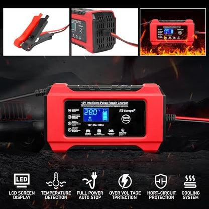 Car Battery Charger-10-Amp 12V and 24V Fully-Automatic Smart Car Battery Charger,Maintainer Trickle Charger for Car Truck Motorcycle Lawn Mower Marine Lead Acid Batteries, Red