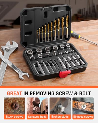 Kolvoii 39-Piece Easy Out Screw Extractor Set & Broken Bolt Extractor Kit | Left hand drill bit set and multi-spline extractors handle broken bolt removal, stripped screws and rounded fasteners - size: 39 PCS