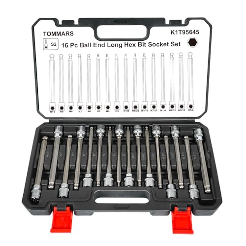 TOMMARS 16-Pc 3/8 Inch Drive Ball End Long Hex Bit Socket Set | Ball End, Extra Long Allen Socket Set, SAE & Metric 1/8-3/8 in., 3-10 mm,CR-V , S2 Steel - style: Ball End,3-10mm,1/8"-3/8"(16PCS)
