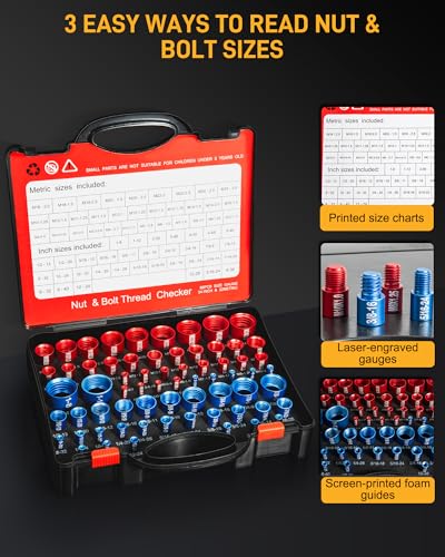 66-Piece Nut and Bolt Thread Checker Kit | 34 SAE (Blue) + 32 Metric (Red) Thread Gauges - Precision Bolt Size Finder for Tight Spaces, DIY & Professional Repairs