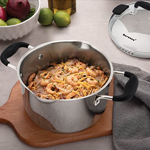 Rorence Stainless Steel Stock Pot with Pour Spout & Silicone Handles & Glass Lid with Strainer - 3.7 Quart - size: 3.7 quart