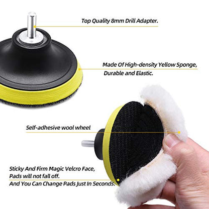 Wool Cutting Pad, Wool Buffing Polishing Pad Set, SPTA 7Pcs 3Inch (80mm) Buffing Wheel for Drill Lambs Wool Hook and Loop for Compound Cutting & Polishing for Car Polisher
