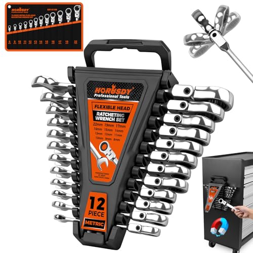 HORUSDY 12-Piece Metric Flex-Head Ratcheting Wrench Set 8-22mm, CR-V Ratchet Combination Wrenches with 72T 180° Flex Head, Magnetic Holder & Tool Bag for Auto, Motorcycle, Home & Repair - style: 12-Piece Metric Flex-Head Ratcheting - New Version