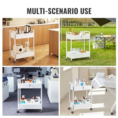VEVOR Rolling Medical Cart with Lockable Drawer, White Paint Stainless Steel Utility Cart, 2 Tiers Mobile Esthetician Trolley Cart with Swivel Casters for Lab, Hospital, Dental, Salon and Beauty - size: 2-tier with 2 drawer