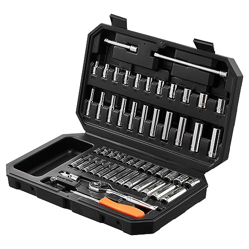 VEVOR Socket Set, 1/4 Inch Drive Socket and Ratchet Set, 6-Point Socket Opening, 54 Pieces Tool Set SAE and Metric, Deep and Standard Sockets, 5/32-9/16 in, 4-14 mm, with Accessories, Storage Case - size: 1/4", style: 54 PCS