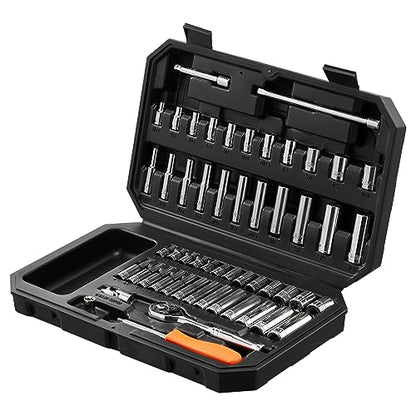 VEVOR Socket Set, 1/4 Inch Drive Socket and Ratchet Set, 6-Point Socket Opening, 54 Pieces Tool Set SAE and Metric, Deep and Standard Sockets, 5/32-9/16 in, 4-14 mm, with Accessories, Storage Case - size: 1/4", style: 54 PCS