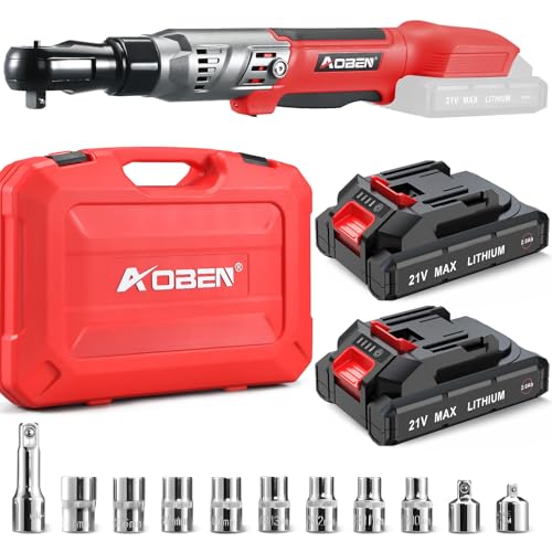AOBEN 21V 3/8" Cordless Ratchet Wrench Kit-74 Ft-lbs Brushless Electric Power Ratchet with Variable Speed, 2X2000mAh Lithium-Ion Battery, Charger, 8 Sockets, 1/4" & 1/2" Adaptors, 3" Extension Bar