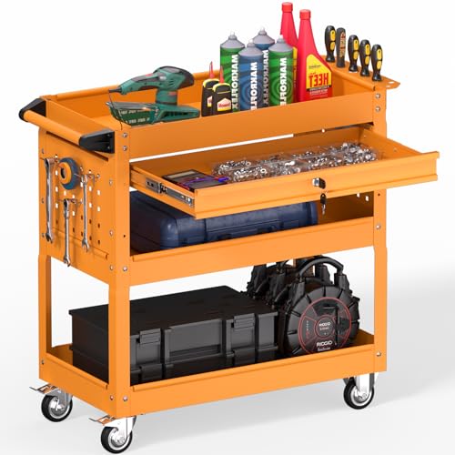 3 Tier Rolling Tool Cart on Wheels, Heavy Duty Service Cart Industrial Utility Cart with Drawer and Screwdriver Rack Pegboard, 550 LBS Mobile Tool Storage Organizer for Garage, Workshop (Orange) - color: Orange