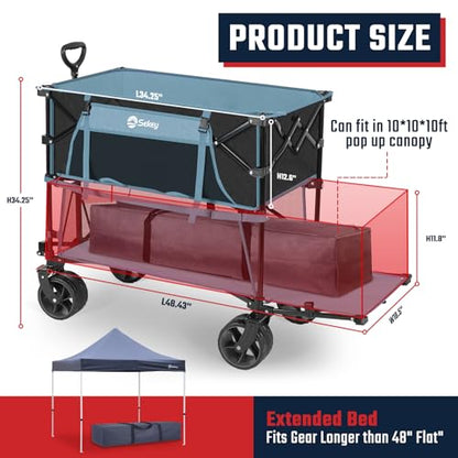 Sekey 500LBS Heavy Duty Double Decker Wagon with Extender, 400L Large Capacity Collapsible Garden Cart Fits 10x10 Canopy, All-Terrain Big Wheels with Brakes, Foldable Utility Wagon for Sports, Camping - color: Blue