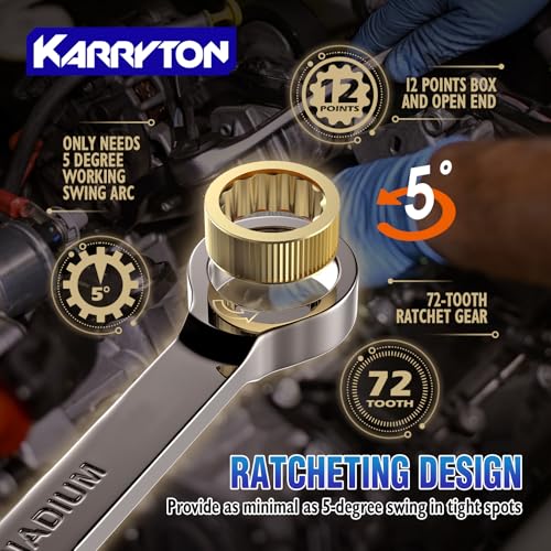 24-Piece Ratcheting Wrench Set (Metric & SAE),72 Teeth Ratchet Combination Wrenches Set with Organizer Racks,Cr-V Steel,8-19mm & 1/4-7/8",Black Nickel Handle with Golden Ratchet - color: Fixed Head