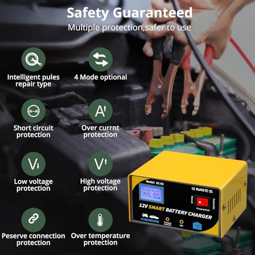12 Volt Battery Charger 7A Smart Car Battery Charger and Maintainer with Cable Clamps,Smart Trickle Charger for Automotive,RV,12V - color: YELLOW-12