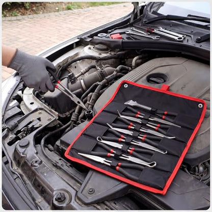 9 Piece 11 Inch Long Reach Pliers Set 45° 90° Bent, Circle, Diagonal Carbon Steel Needle Nose Pliers for Narrow Spaces and Limited Areas(Black) - color: Black