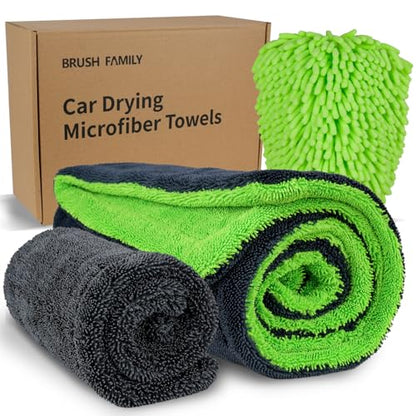 BRUSH FAMILY 3 Pack Car Microfiber Towels with Car Wash Mitt | 1200 GSM 35”x24”& 16"x16" Microfiber Car Drying Towels Ultra-Absorbent, Streak Free, Double Twisted-Loop Cleaning Cloth